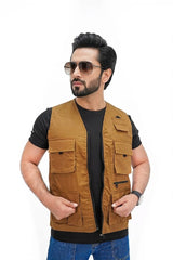 Camel Brown Cotton sleeveless Sidhu Jacket