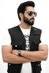 Black Cotton sleeveless Sidhu Jacket
