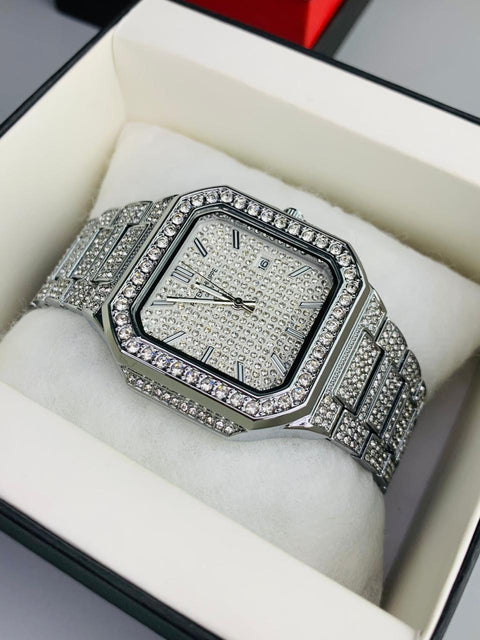 Patek Silver Diamond Watch — Iced Out Elegance | 1-Year Warranty