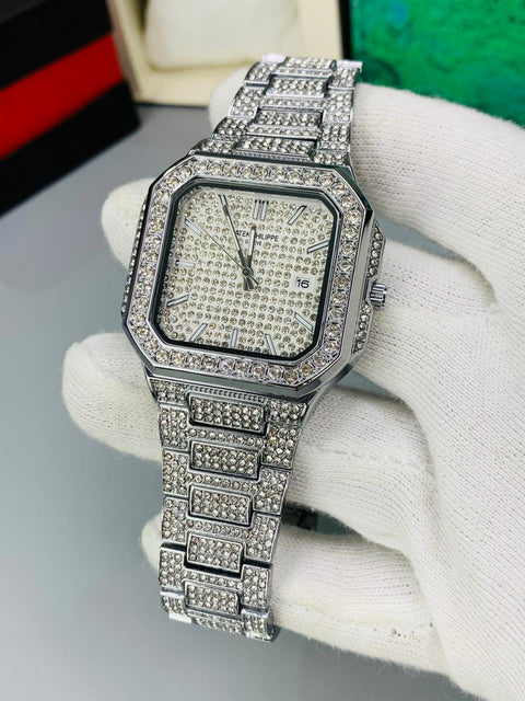 Patek Silver Diamond Watch — Iced Out Elegance | 1-Year Warranty