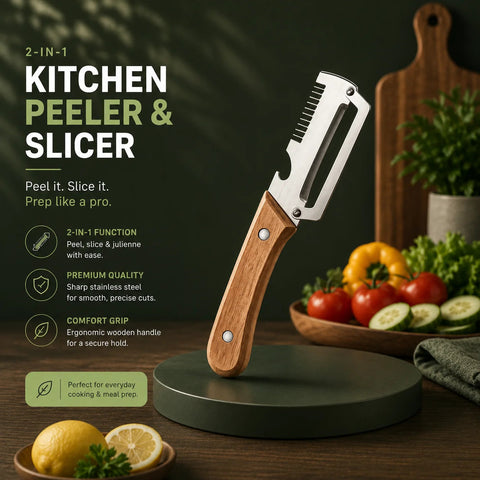 Premium Vegetable Peeler with Wooden Handle and Bottle Opener