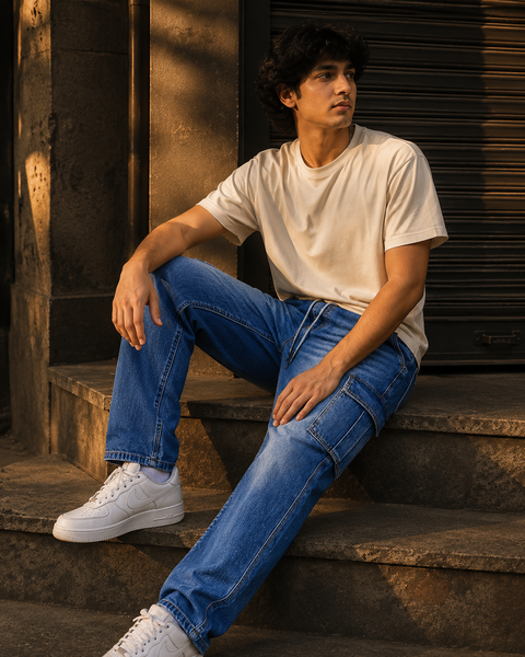 6-Pocket Cargo Denim Joggers — Classic Medium Blue