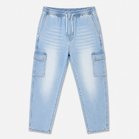 6-Pocket Cargo Denim Joggers — Light Blue Wash