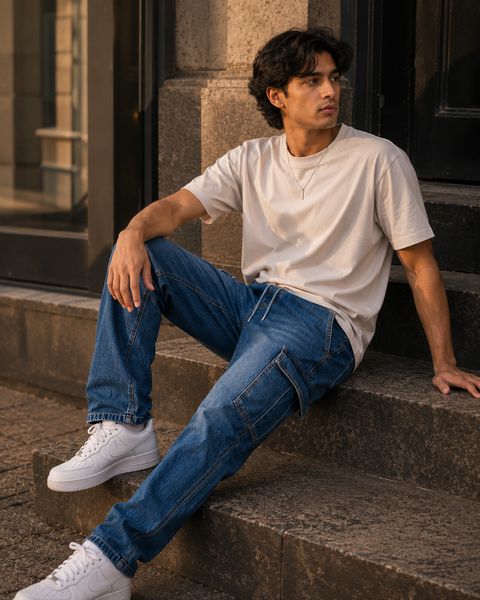 6-Pocket Cargo Denim Joggers — Ocean Blue
