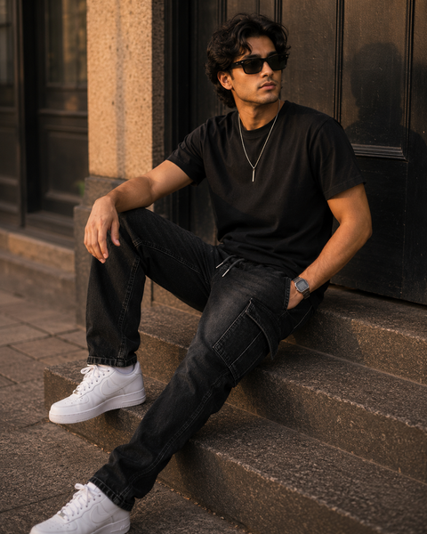 6-Pocket Cargo Denim Joggers — Jet Black