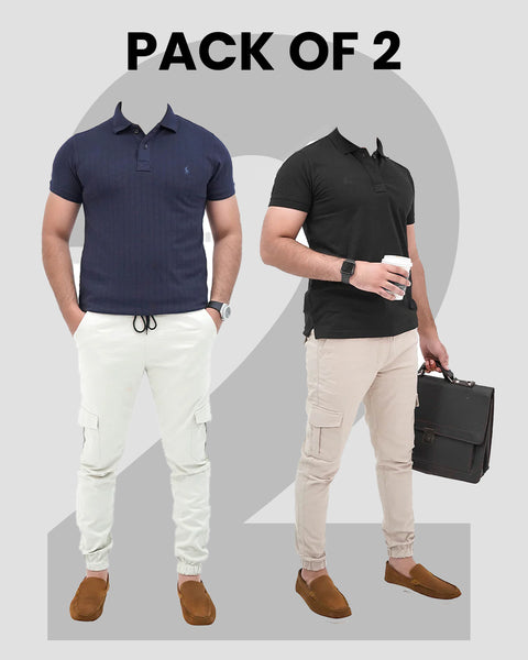 Pack of 2 Cargo Trousers — Light Beige + Khaki Beige | 100% Cotton