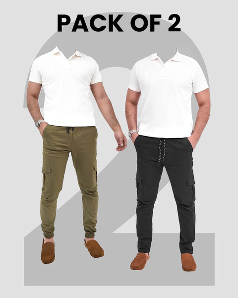 Pack of 2 Cargo Trousers — Black + Commando | 100% Cotton