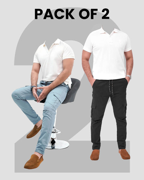 Pack of 2 Cargo Trousers — Slate Blue + Black | 100% Cotton, Save vs Buying Separately
