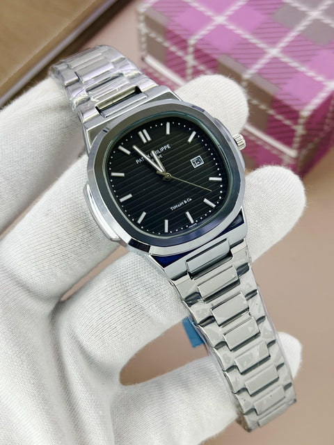 Patek Black Dial Watch — Bold Arabic Numerals | 1-Year Warranty