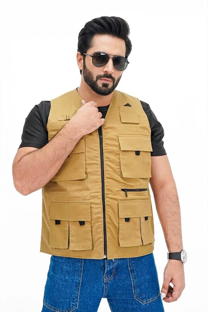 Men's Khaki Cotton sleeveless Sidhu Jacket