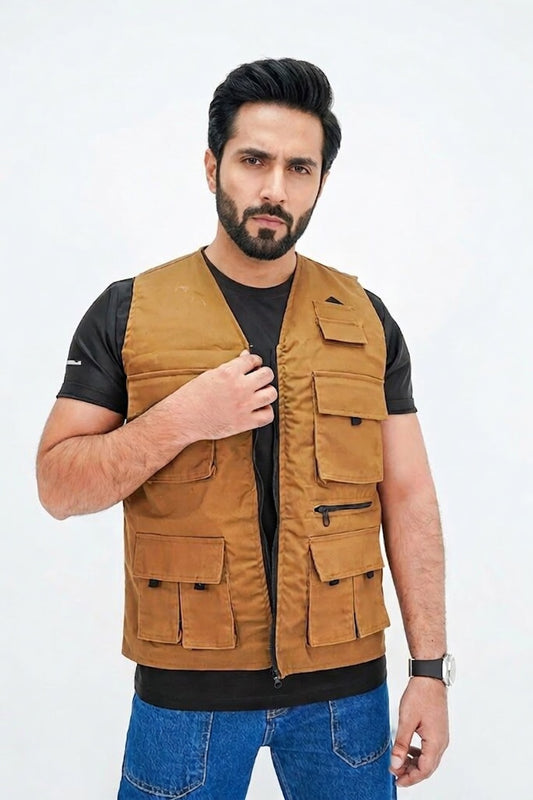 Camel Brown Cotton sleeveless Sidhu Jacket