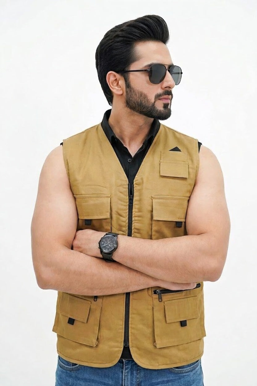 Men's Khaki Cotton sleeveless Sidhu Jacket