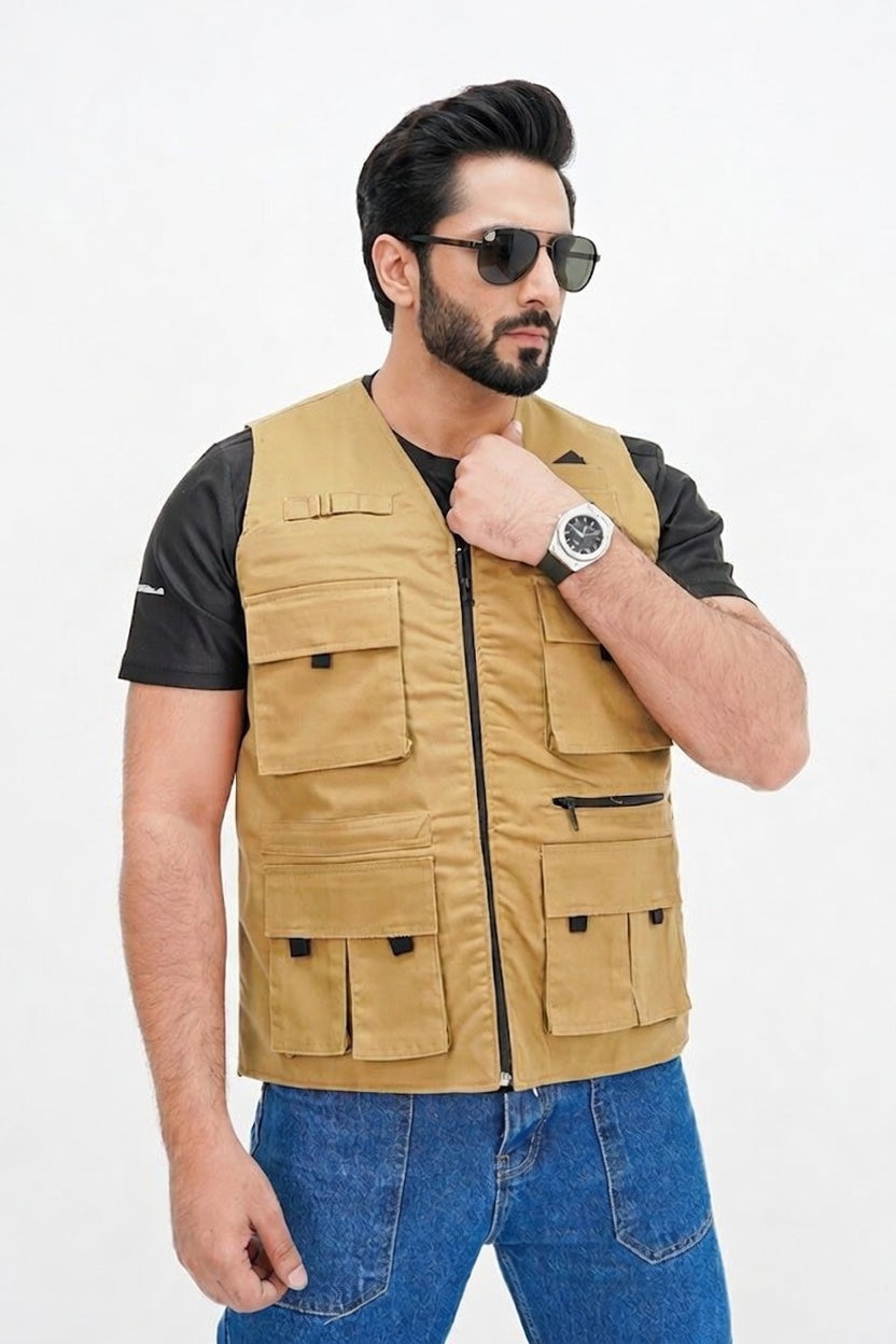 Men's Khaki Cotton sleeveless Sidhu Jacket